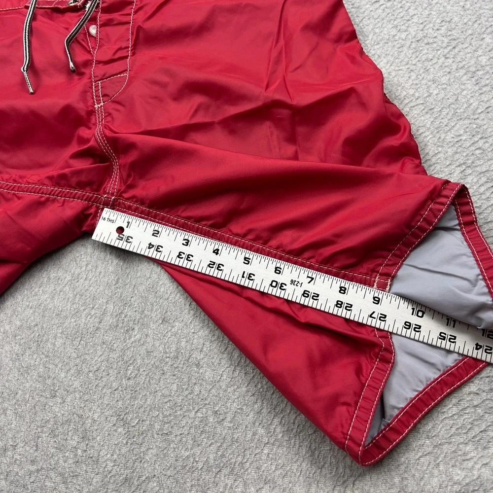 VTG Birdwell Beach Britches Boardshorts Mens 32 Red Lace Up Swim Stitch USA Made